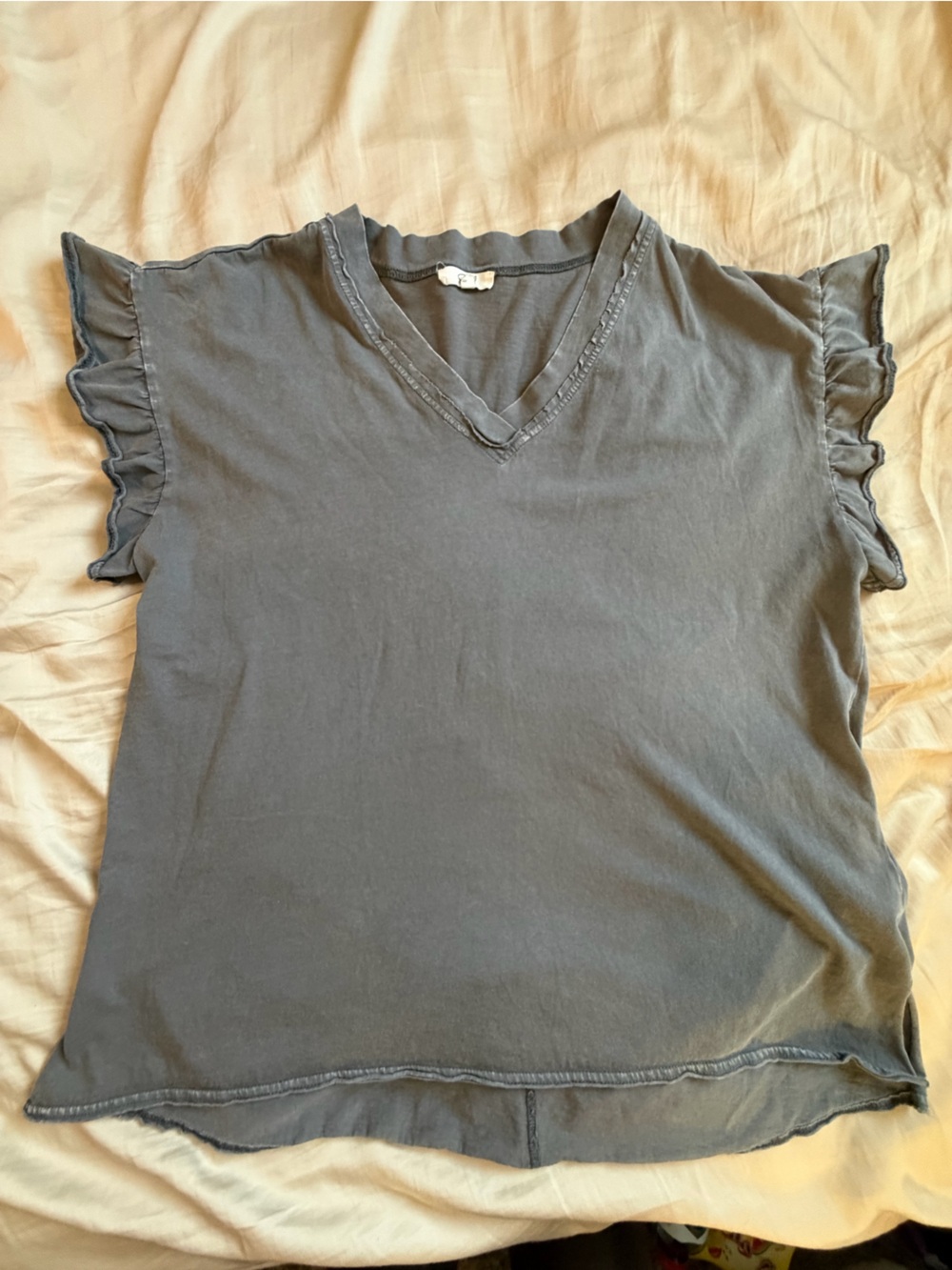 Easel Slate Gray Ruffle Sleeve V-Neck Tee